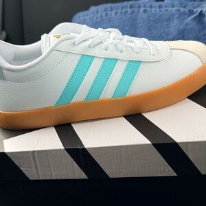 Adidas Kids' White and Blue Sneakers with Brown Sole